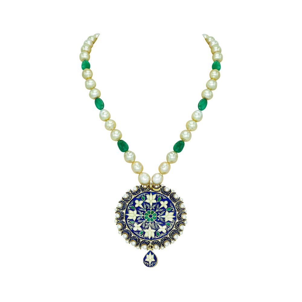 Ivory-Mint Enamel Pendant Necklace with Pearls and Emeralds